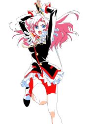 Rule 34 | 1girl, absurdres, arms up, blue eyes, foot out of frame, highres, izumi seguchi, long hair, long sleeves, open mouth, pink hair, red shorts, red socks, shoes, shorts, shoujo kakumei utena, simple background, socks, solo, tenjou utena, white background