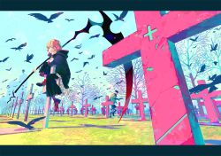 Rule 34 | 1boy, 1girl, akiakane, androgynous, bare tree, baseball cap, bird, black hat, black jacket, black scarf, black shorts, blonde hair, blue sky, bracelet, brown footwear, building, cityscape, closed mouth, cloud, coat, cross, crow, day, expressionless, flying, glasses, grass, graveyard, green eyes, green jacket, hand on own cheek, hand on own face, hat, head rest, holding, holding weapon, hood, hood down, jacket, jewelry, knee up, kneehighs, landscape, letterboxed, long sleeves, looking at viewer, looking to the side, original, outdoors, perspective, pink theme, red socks, robe, scarf, scythe, shadow, shoes, short hair, shorts, sitting, sky, skyscraper, socks, tombstone, tree, weapon, wristband