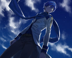 Rule 34 | 1boy, blue eyes, blue hair, blue scarf, cloud, from below, kaito (vocaloid), male focus, matching hair/eyes, mochi (piapro), night, scarf, short hair, sky, smile, solo, star (sky), starry sky, vocaloid
