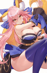 Rule 34 | 10s, 1girl, animal ears, bare shoulders, blue bow, blush, bow, breasts, calder, cleavage, closed mouth, detached sleeves, fate/extra, fate (series), fox ears, fox tail, hair between eyes, hair bow, hand up, highres, japanese clothes, large breasts, lips, long hair, looking at viewer, purple thighhighs, sash, simple background, sitting, smile, solo, tail, tamamo (fate), tamamo no mae (fate/extra), thighhighs, very long hair, white background, yellow eyes
