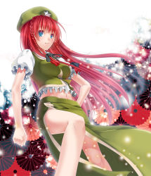 Rule 34 | 1girl, braid, breasts, chinese clothes, clenched hand, hair ribbon, hand on own hip, hat, hong meiling, kikumon, long hair, looking afar, midriff, misa kobayashi, navel, puffy short sleeves, puffy sleeves, red hair, ribbon, short sleeves, smile, solo, star (symbol), touhou, twin braids, upper body, very long hair, vest