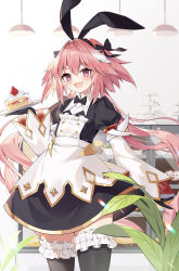 Rule 34 | 1boy, animal ears, apron, arm at side, astolfo (fate), astolfo (saber) (fate), astolfo (saber) (third ascension) (fate), black bow, black bowtie, black dress, black gloves, black hairband, black thighhighs, blush, bow, bowtie, buttons, cake, cake slice, commentary, double-breasted, double-parted bangs, dress, fake animal ears, fate/apocrypha, fate/grand order, fate (series), food, frilled thighhighs, frills, gloves, hair bow, hair flaps, hair intakes, hairband, half-closed eyes, half updo, highres, holding, holding tray, juliet sleeves, long hair, long sleeves, looking at viewer, low twintails, male focus, multicolored hair, open mouth, pink hair, puffy sleeves, purple eyes, rabbit ears, shirt, shirt under dress, short dress, solo, streaked hair, thighhighs, traditional bowtie, trap, tray, twintails, undershirt, v-shaped eyebrows, very long hair, white apron, white hair, white shirt, wide sleeves, yuia, zettai ryouiki