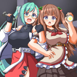 Rule 34 | .live, 2girls, alternate costume, belt, breasts, brown hair, commentary request, flashlight, glasses, gloves, green hair, highres, jacket, kagura suzu (.live), kakyouin chieri, large breasts, looking at viewer, multiple girls, open mouth, scared, shizukanahoshi, side ponytail, simple background, tears, virtual youtuber