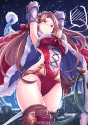 Rule 34 | 10s, 1girl, akita hika, armor, armpits, arms up, bad id, bad pixiv id, blush, boots, breasts, brown hair, cape, christmas, embarrassed, fur trim, granblue fantasy, highres, katalina (granblue fantasy), large breasts, leotard, long hair, looking at viewer, red leotard, solo, sweat, sword, thighhighs, trembling, weapon