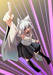 Rule 34 | 1girl, 9302w (user wjpg8475), :d, animal ear fluff, animal ears, arm up, armpits, bare shoulders, black skirt, black thighhighs, emphasis lines, from above, full body, grey background, highres, inubashiri momiji, looking at viewer, open mouth, pointing, pointing at viewer, red eyes, shirt, short hair, skirt, smile, solo, tail, thighhighs, touhou, white hair, white shirt, white sleeves, wolf ears, wolf girl, wolf tail