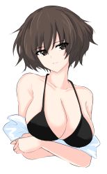 Rule 34 | 1girl, absurdres, aged up, aikir (jml5160), akiyama yukari, bikini, black bikini, breast hold, breasts, brown eyes, brown hair, cleavage, commentary, cowboy shot, cropped torso, crossed arms, girls und panzer, head tilt, highres, large breasts, looking at viewer, messy hair, off shoulder, one-hour drawing challenge, parted lips, shirt, short hair, simple background, sketch, smirk, solo, swimsuit, white background, white shirt