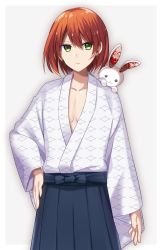 Rule 34 | 1girl, androgynous, bad id, bad pixiv id, blue hakama, breasts, brown hair, cleavage, cowboy shot, green eyes, hair between eyes, hakama, hakama skirt, hand on own hip, highres, japanese clothes, kimono, looking at viewer, male focus, meiji tokyo renka, pattern request, short hair, skirt, small breasts, solo, standing, stuffed animal, stuffed rabbit, stuffed toy, white kimono, yuihico