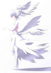 Rule 34 | 1girl, bare back, bare shoulders, darker than black, dress, elbow gloves, female focus, full body, gloves, head wings, high heels, kaname nagi, ponytail, profile, shadow, shoes, silver hair, simple background, solo, standing, thighhighs, white background, white theme, white thighhighs, wings, yin (darker than black)