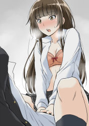 Rule 34 | 1girl, amagami, black legwear, blunt bangs, blush, bow, bow bra, bra, breath, brown eyes, brown hair, clothed sex, cowgirl position, girl on top, implied sex, kamizaki risa, lace, lace-trimmed bra, lace trim, lingerie, long hair, navel, open clothes, open mouth, open shirt, pink bra, school uniform, shirt, shouji nigou, sitting, sitting on person, skirt, solo, solo focus, steam, straddling, sweat, underwear, v arms, white shirt