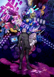 Rule 34 | 1boy, 1girl, adorabbit, ai: the somnium files, aiba (ai: the somnium files), balloon, black coat, black pants, book, brain, cage, carousel, chair, coat, copyright name, cup, drawing (object), drinking glass, eyeball, fish, food, fruit, gloves, highres, hook, kaname date, knife, mannequin, pants, polearm, purple gloves, silver hair, standing, star (symbol), television, trident, weapon, wine glass, yashi kabin