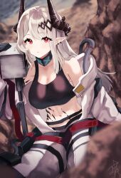 Rule 34 | 1girl, absurdres, arknights, black bra, black gloves, blurry, blurry background, blurry foreground, blush, bra, breasts, cheek squash, chest sarashi, cleavage, coat, commentary, commission, cowboy shot, demon horns, earclip, gloves, grey hair, hair ornament, hammer, highres, holding, holding hammer, horns, infection monitor (arknights), large breasts, long hair, looking at viewer, material growth, mudrock (arknights), mudrock (elite ii) (arknights), navel, open clothes, open coat, oripathy lesion (arknights), outdoors, parted lips, pointy ears, red eyes, red ribbon, ribbon, rock, sarashi, signature, skeb commission, sledgehammer, solo, sports bra, stomach, twitter username, underwear, white coat, yoko2yuray