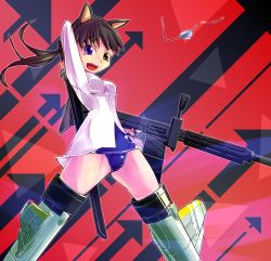 Rule 34 | 1girl, animal ears, bad id, bad pixiv id, black hair, dog ears, eyepatch, unworn eyepatch, gun, heterochromia, highres, long hair, military, military uniform, no pants, one-piece swimsuit, ponytail, purple eyes, rifle, sakamoto mio, school swimsuit, solo, strike witches, striker unit, swimsuit, swimsuit under clothes, uniform, weapon, world witches series, ymd (assiman)