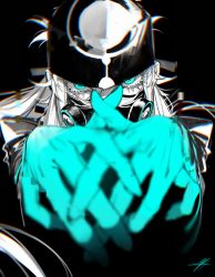 Rule 34 | 1boy, aqua eyes, aqua gloves, asclepius (fate), au (d elete), black background, black headwear, blurry, fate/grand order, fate (series), gas mask, gloves, greyscale, hair between eyes, long hair, male focus, mask, monochrome, own hands together, signature, simple background, solo, spot color