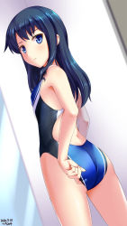 Rule 34 | 1girl, adjusting clothes, adjusting swimsuit, artist name, asashio (kancolle), ass, back, black hair, black one-piece swimsuit, blue eyes, blue one-piece swimsuit, blush, competition swimsuit, dated, door, flat chest, hair between eyes, highleg, highleg swimsuit, highres, indoors, kantai collection, long hair, looking back, mirror, one-piece swimsuit, solo, swimsuit, tsuchimiya, twitter username, wet, wet clothes, wet swimsuit