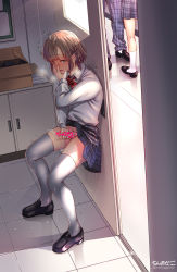 Rule 34 | 1girl, 2boys, ^^^, artist name, black footwear, bow, bowtie, brown hair, censored, chinanago, collared shirt, covering own mouth, cum, dutch angle, full body, hand on own face, hand over own mouth, heart, heart censor, hiding, highres, loafers, male masturbation, masturbation, multiple boys, penis, plaid, plaid skirt, pleated skirt, public indecency, school uniform, shirt, shoes, short hair, skirt, socks, standing, stealth masturbation, tagme, thighhighs, trap, white shirt, white thighhighs, wing collar