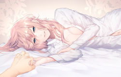 Rule 34 | 1girl, bed sheet, blue eyes, blurry, blush, breasts, cleavage, collarbone, collared shirt, depth of field, dress shirt, grin, hair between eyes, jewelry, lips, long hair, long sleeves, looking at viewer, lying, medium breasts, megurine luka, megurine luka (vocaloid4), mikko (mim mikko), naked shirt, navel, on side, open clothes, open shirt, parted lips, pink hair, pov, ring, shirt, smile, solo focus, vocaloid, wedding ring, white shirt