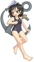Rule 34 | 1girl, anchor, bad id, bad pixiv id, barefoot, black hair, full body, green eyes, hat, marisa to alice no cookie storia, murasa minamitsu, one-piece swimsuit, open mouth, sailor hat, school swimsuit, short hair, solo, swimsuit, touhou, transparent background, winn