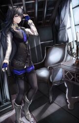 Rule 34 | 1girl, absurdres, animal ear fluff, animal ears, arknights, armchair, belt, belt buckle, black belt, black hair, black pantyhose, black vest, blue eyes, blue gloves, blue necktie, blue shorts, boots, breasts, buckle, buttons, candle, candlestand, ceiling, chair, collared shirt, commentary, curtains, dress shirt, dutch angle, easy chair, eyelashes, fingerless gloves, fingernails, floor, fold-over boots, from side, full body, gloves, grin, hair between eyes, hand in own hair, hand up, heel up, high collar, highres, indoors, knees, light blush, lips, long fingernails, long hair, long sleeves, looking at viewer, looking to the side, medium breasts, multicolored eyes, multiple belts, multiple thigh straps, necktie, official alternate costume, open hand, orange eyes, pantyhose, parted lips, shadow, shirt, short shorts, shorts, smile, solo, standing, straight hair, table, teeth, texas (arknights), texas the omertosa (arknights), thigh strap, torn clothes, torn necktie, two-tone eyes, veand, very long hair, vest, white footwear, white shirt, window, wing collar, wolf ears, wolf head, wooden floor