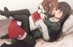 Rule 34 | 2girls, arms around neck, blush, closed eyes, commentary request, etou kanami, french kiss, highres, juujou hiyori, kiss, leg lock, long hair, looking at another, motsutoko, multiple girls, pantyhose, pillow, short hair, simple background, thighhighs, toji no miko, tongue, tongue out, white background, yuri