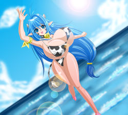 Rule 34 | 1girl, absurdres, animal ears, animal print, arm up, bell, bikini, blue eyes, blue hair, bouncing breasts, breasts, cleavage, cloud, cow ears, cow girl, cow horns, cow print, cow tail, dutch angle, female focus, gigantic breasts, happy, highres, hokuou fuhai, horns, lens flare, long hair, low-tied long hair, matching hair/eyes, muchigaku, nipples, ocean, open mouth, original, outdoors, pointy ears, rebecca (muchigaku), running, shiny skin, sky, smile, solo, sun, swimsuit, tagme, tail, thighs, topless, very long hair, water