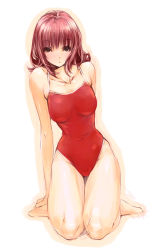 Rule 34 | 1girl, :o, brown eyes, brown hair, goshiki suzu, kneeling, one-piece swimsuit, red hair, red one-piece swimsuit, seiza, simple background, sitting, solo, swimsuit, thighs
