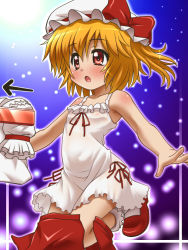 Rule 34 | 1girl, ascot, awa, blonde hair, blouse, blush, bobby socks, clothes pull, unworn clothes, covered erect nipples, flandre scarlet, flat chest, hat, nipples, open mouth, red eyes, see-through, shirt, unworn shirt, short hair, side ponytail, skirt, skirt pull, skirt set, socks, solo, touhou, underwear, wings