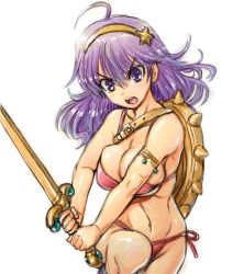 Rule 34 | 1girl, amania orz, athena (series), bikini, breasts, cleavage, hairband, incoming attack, large breasts, long hair, looking at viewer, navel, open mouth, princess athena, purple hair, red bikini, shield, simple background, snk, solo, swimsuit, sword, toned, weapon, white background