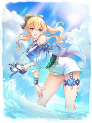 Rule 34 | 1girl, bare shoulders, beach, belt, blonde hair, blouse, blue eyes, blue flower, blue rose, blue shirt, blue sky, bow, chain, flower, frilled sleeves, frills, genshin impact, hair bow, half-closed eyes, high heels, highres, holding, holding shoes, jean (genshin impact), jean (sea breeze dandelion) (genshin impact), looking at viewer, nekobayashi, open mouth, partially submerged, ponytail, rose, shirt, shoes, shorts, sky, smile, solo, sunlight, white shorts
