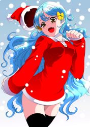 Rule 34 | blue hair, christmas, hat, long hair, original, santa costume, santa hat, shin&#039;ya (shin&#039;yanchi), solo, thighhighs