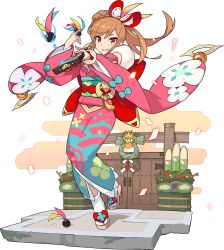 Rule 34 | 1girl, arm up, artist request, back bow, bamboo, blue bow, bow, braid, breasts, brown footwear, brown hair, cloud, confetti, crown braid, detached sleeves, egasumi, ellya (world flipper), feather hair ornament, female focus, floral print, frilled kimono, frills, full body, fur collar, gate, grin, hagoita, hair ornament, hand up, hane (hanetsuki), happy, highres, holding, holding paddle, japanese clothes, kadomatsu, kimono, leg up, long hair, looking at viewer, nail polish, non-web source, obi, official art, outstretched arm, paddle, pink kimono, pink sleeves, ponytail, red eyes, red nails, sandals, sash, shide, sidelocks, single braid, sleeveless, sleeveless kimono, small breasts, smile, socks, solo, standing, standing on one leg, swept bangs, tabi, teeth, transparent background, water, wide sleeves, world flipper, zapquill (world flipper)
