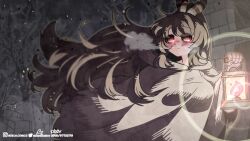 Rule 34 | 1girl, absurdres, blush, cloak, feather hair ornament, feathers, hair ornament, highres, holding, holding lantern, hololive, hololive english, hood, hooded cloak, instagram username, lantern, limited palette, monja (monja0521), mumei (song) (hololive), nanashi mumei, ponytail, round eyewear, ruins, solo, twitter username, virtual youtuber, wind