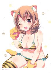 Rule 34 | &gt;;3, &gt;;d, 1girl, ;3, ;d, absurdres, animal ears, animal hands, aqua bow, bikini, blush, bow, breasts, brown hair, collarbone, food-themed hair ornament, gloves, hair ornament, hairclip, highres, kemonomimi mode, large breasts, march-bunny, maria (watashi no tomodachi ga sekaiichi kawaii), no shoes, one eye closed, open mouth, page number, paw gloves, paw pose, pink eyes, ringlets, scan, side-tie bikini bottom, skindentation, smile, solo, string bikini, striped bikini, striped clothes, striped thighhighs, swimsuit, tail, thighhighs, tiger ears, tiger paws, tiger stripes, tiger tail, v-shaped eyebrows, watashi no tomodachi ga sekaiichi kawaii, yellow thighhighs