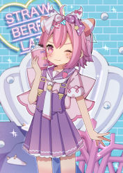 Rule 34 | 1girl, ;3, absurdres, ahoge, blurry, blurry background, blush, bow, brick wall, closed mouth, crescent, cup, depth of field, diagonal stripes, disposable cup, drinking straw, english text, facial mark, hair between eyes, hair bow, hand up, high-waist skirt, highres, holding, holding cup, neon lights, nijisanji, one eye closed, pink bow, pink hair, pink shirt, pleated skirt, polka dot, polka dot bow, purple bow, purple eyes, purple sailor collar, purple skirt, sailor collar, sapphire (sapphire25252), sea slug, shirt, short sleeves, skirt, solo, sparkle, star (symbol), striped, striped bow, suspender skirt, suspenders, ushimi ichigo, virtual youtuber, white neckwear