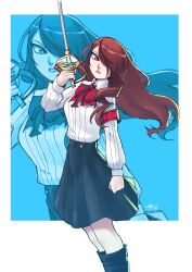 Rule 34 | 1girl, absurdres, black footwear, black skirt, blue background, boots, border, bow, clenched hand, commentary, corviwing, gekkoukan high school uniform, hair over one eye, highres, holding, holding sword, holding weapon, kirijou mitsuru, long hair, outside border, parted lips, persona, persona 3, rapier, red bow, red eyes, red hair, school uniform, skirt, standing, sword, v-shaped eyebrows, weapon, white border, zoom layer