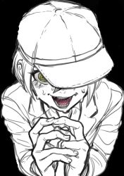 Rule 34 | 10s, 1boy, baseball cap, black background, blazer, bubble pop sdk, danganronpa (series), danganronpa v3: killing harmony, from above, hat, jacket, male focus, own hands together, ringed eyes, saihara shuichi, school uniform, simple background, smile, solo, spoilers, sweat, nervous sweating, wavy mouth, yellow eyes