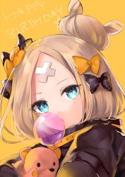 Rule 34 | 1girl, abigail williams (fate), abigail williams (traveling outfit) (fate), bandaid, bandaid on face, bandaid on forehead, birthday, black bow, black dress, blonde hair, blue eyes, bow, chewing gum, crossed bandaids, dress, eyebrows, fate/grand order, fate (series), hair bow, hair bun, hane yuki, happy birthday, heroic spirit traveling outfit, highres, long hair, looking at viewer, multiple hair bows, hugging object, official alternate costume, orange bow, parted bangs, polka dot, polka dot bow, purple bow, single hair bun, solo, stuffed animal, stuffed toy, teddy bear, upper body, yellow background