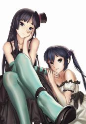 Rule 34 | 00s, 2girls, akiyama mio, aqua pantyhose, bare shoulders, black eyes, black hair, blue legwear, crossed legs, don&#039;t say &quot;lazy&quot;, dress, facepaint, geister, hat, high heels, highres, k-on!, legs, long hair, looking at viewer, mini hat, mini top hat, multiple girls, nakano azusa, pantyhose, shoes, sitting, smile, striped, top hat, twintails