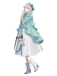 Rule 34 | 1girl, :d, bag, blush, boots, bow, coat, cross-laced footwear, dairoku ryouhei, dress, earrings, full body, green coat, green eyes, hand up, handbag, hat, hat bow, high heel boots, high heels, highres, jewelry, long hair, long sleeves, looking at viewer, open mouth, shirono ibara, skirt, smile, solo, standing, transparent background, umai oimo, white dress, white footwear, white hat, white skirt, yellow bow