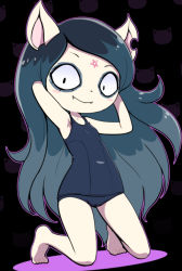 Rule 34 | 1girl, animal ears, arms behind head, arms up, bare arms, bare legs, barefoot, black background, black eyes, black hair, blue one-piece swimsuit, blush stickers, breasts, cat, cat ears, cat girl, claire (the summoning), closed mouth, constricted pupils, eyeliner, facial mark, fangs, forehead mark, furry, furry female, kneeling, legs apart, long hair, makeup, nollety, one-piece swimsuit, outline, pentagram, purple outline, school swimsuit, simple background, small breasts, smile, solo, star (symbol), swept bangs, swimsuit, the summoning, very long hair