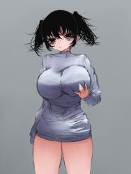 Rule 34 | 1girl, baggy clothes, bags under eyes, black eyes, black hair, breast lift, breasts, feet out of frame, grey background, grey shirt, hand up, highres, large breasts, long eyelashes, looking at viewer, messy hair, no pupils, shirt, short hair, short twintails, simple background, sketch, sleeves past fingers, sleeves past wrists, solo, swwa, twintails