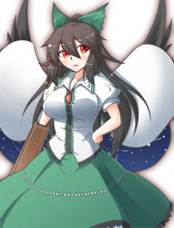 Rule 34 | 1girl, black hair, blush, bow, breasts, cape, center frills, collar, cowboy shot, feathered wings, frilled collar, frilled shirt, frilled skirt, frills, green bow, green skirt, hair between eyes, hair bow, hand on own hip, large breasts, long hair, nintoku, open mouth, ponytail, puffy short sleeves, puffy sleeves, red eyes, reiuji utsuho, shirt, short sleeves, simple background, skirt, solo, touhou, upper body, very long hair, weapon, white background, white shirt, wings