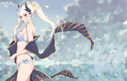 Rule 34 | 1girl, bare legs, bikini, bilibilida, black kimono, blue bikini, blue sky, blush, bow, breasts, cleavage, closed mouth, cloud, cloudy sky, commentary, cowboy shot, day, dragon horns, fate/grand order, fate (series), floating clothes, floating hair, folding fan, frilled bikini, frills, from side, hair bow, hand fan, highres, holding, holding fan, horns, japanese clothes, kimono, kiyohime (fate), kiyohime (fate/grand order), kiyohime (swimsuit lancer) (fate), kiyohime (swimsuit lancer) (third ascension) (fate), long hair, looking at viewer, medium breasts, ocean, off shoulder, open clothes, open kimono, outdoors, ponytail, red eyes, reflection, silver hair, sky, smile, solo, string bikini, swimsuit, thighs, wind, yellow bow