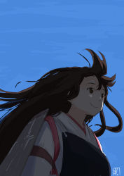 Rule 34 | 1girl, akagi (kancolle), blue sky, brown eyes, brown hair, closed mouth, commentary request, from below, hair between eyes, hair down, japanese clothes, kantai collection, light, long hair, long sleeves, looking away, machinery, mihama machi, muneate, nontraditional miko, plump, shadow, signature, sky, smile, upper body, wind, wind lift