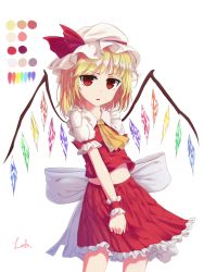 Rule 34 | 1girl, absurdres, ascot, bad id, bad pixiv id, blonde hair, color guide, crop top, fang, flandre scarlet, hat, hat ribbon, highres, lo-ta, looking at viewer, midriff, miniskirt, mob cap, navel, open mouth, puffy short sleeves, puffy sleeves, red eyes, red skirt, red vest, ribbon, short hair, short sleeves, signature, simple background, skirt, skirt tug, solo, touhou, vest, white background, wings, wrist cuffs