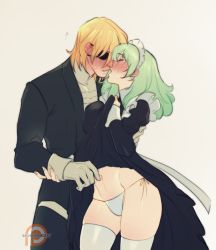 Rule 34 | 1boy, 1girl, blonde hair, blush, bow, butler, byleth (female) (fire emblem), byleth (fire emblem), closed eyes, dimitri alexandre blaiddyd, eyepatch, fire emblem, fire emblem: three houses, formal, gloves, green hair, holding another&#039;s wrist, kiss, kukumomo, maid, maid headdress, md5 mismatch, nintendo, official alternate costume, panties, side-tie panties, simple background, suit, thighhighs, thighs, tuxedo, underwear, white gloves, white panties, white thighhighs