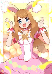 Rule 34 | 1girl, :d, animal ears, border, brown hair, choker, collarbone, commentary request, cosplay, creatures (company), eyelashes, game freak, grey eyes, hands up, haru (haruxxe), highres, long hair, looking at viewer, may (pokemon), may (pokemon) (cosplay), may (spring 2021) (pokemon), nintendo, open mouth, outside border, pink choker, pokemon, pokemon masters ex, pokemon xy, rabbit ears, serena (pokemon), short sleeves, smile, solo, tongue, white border, wrist cuffs