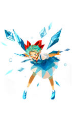 Rule 34 | 1girl, absurdres, blue dress, blue eyes, blue footwear, blue hair, blush, bow, breasts, cirno, collared shirt, commentary request, dress, full body, hair bow, highres, howah18, ice, ice wings, leaning forward, looking at viewer, mary janes, neck ribbon, open mouth, pinafore dress, red bow, red ribbon, ribbon, shirt, shoes, short hair, simple background, sleeveless dress, small breasts, smile, socks, solo, teeth, touhou, v-shaped eyebrows, white background, white shirt, white socks, wings