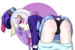 Rule 34 | 1girl, ass, bent over, blush, braid, cameltoe, clothes pull, from behind, genshin impact, hat, long hair, looking at viewer, looking back, ofuda, open mouth, panties, purple eyes, purple hair, qiqi (genshin impact), rossan, shiny clothes, shiny skin, shorts, shorts pull, single braid, solo, thighhighs, underwear, very long hair