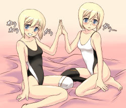 Rule 34 | 2girls, barefoot, blonde hair, competition swimsuit, erica hartmann, glasses, highleg, highleg swimsuit, miritsu, mirutsu (milts), multiple girls, one-piece swimsuit, short hair, siblings, sisters, strike witches, strike witches: suomus misfits squadron, swimsuit, twins, ursula hartmann, world witches series