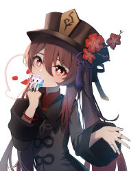 Rule 34 | 1girl, absurdres, black hat, brown hair, card, covering own mouth, flower, genshin impact, hair between eyes, hat, highres, hu tao (genshin impact), intertwined fate, jewelry, long hair, nail polish, qixia, ring, simple background, solo, upper body, white background